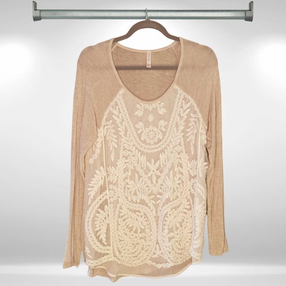 Xhilaration Beige Long Sleeved Top w/ Ivory Lace & Chiffon Embroidered Overlay - Picture 1 of 5